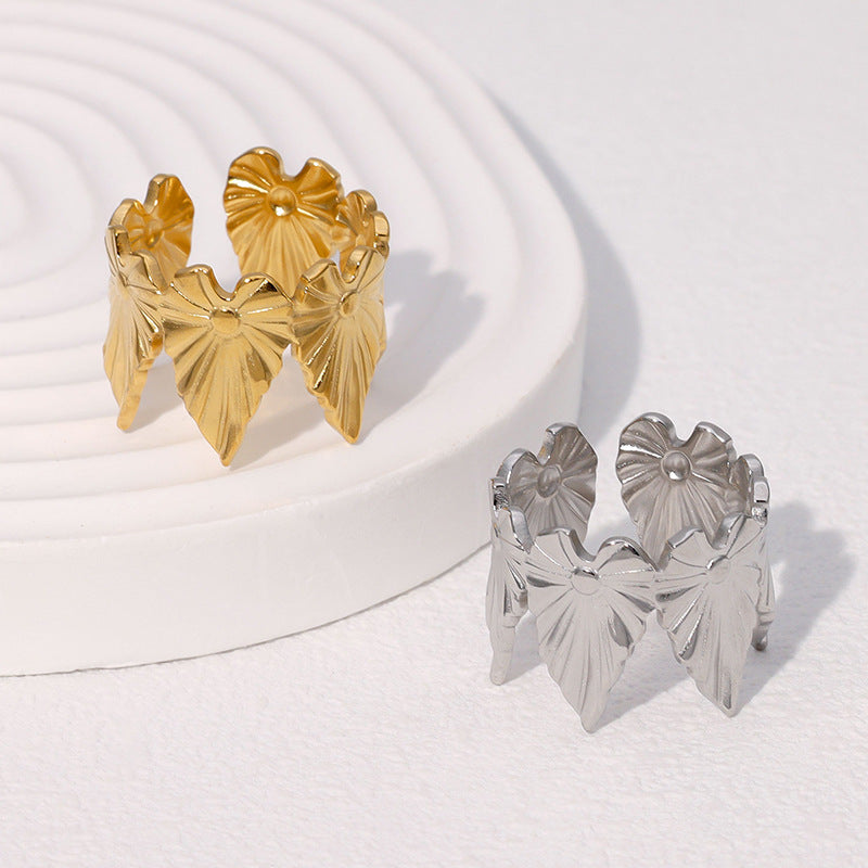 Tropical Leaf Ins Personality Design Simple And Versatile Gold-Plated Stainless Steel Open Ring For Women