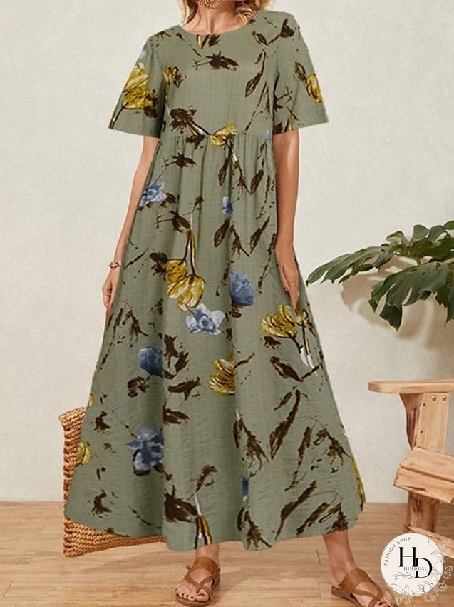 Cotton Linen Dress Casual Dress Maxi long Dress Cotton Blend Basic Casual Outdoor Daily Vacation Crew Neck Ruched Print Short Sleeve Summer Spring Loose Fit Green khaki Flower S M L XL for Women