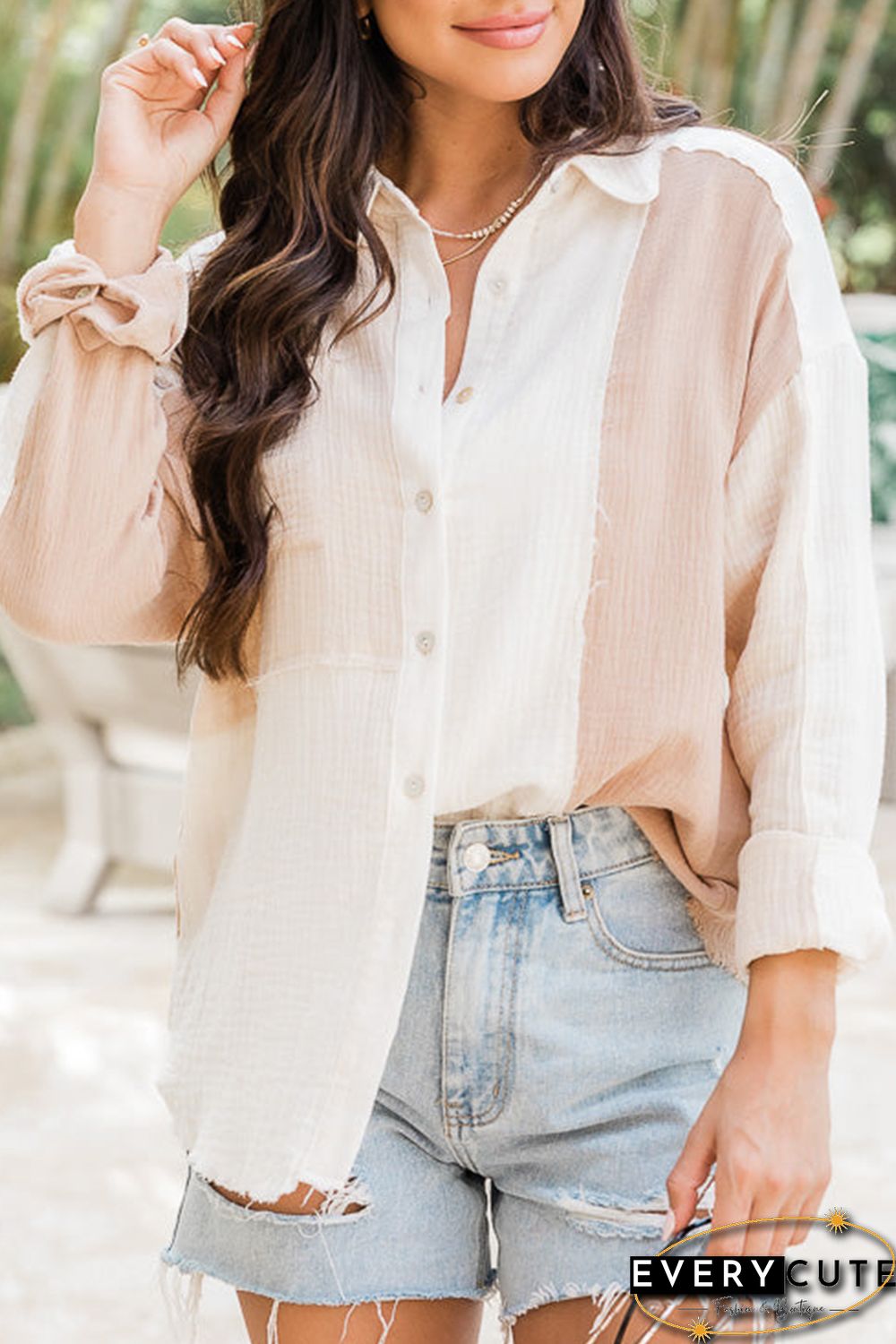 Khaki Color Block Buttoned Raw Hem Textured Shirt