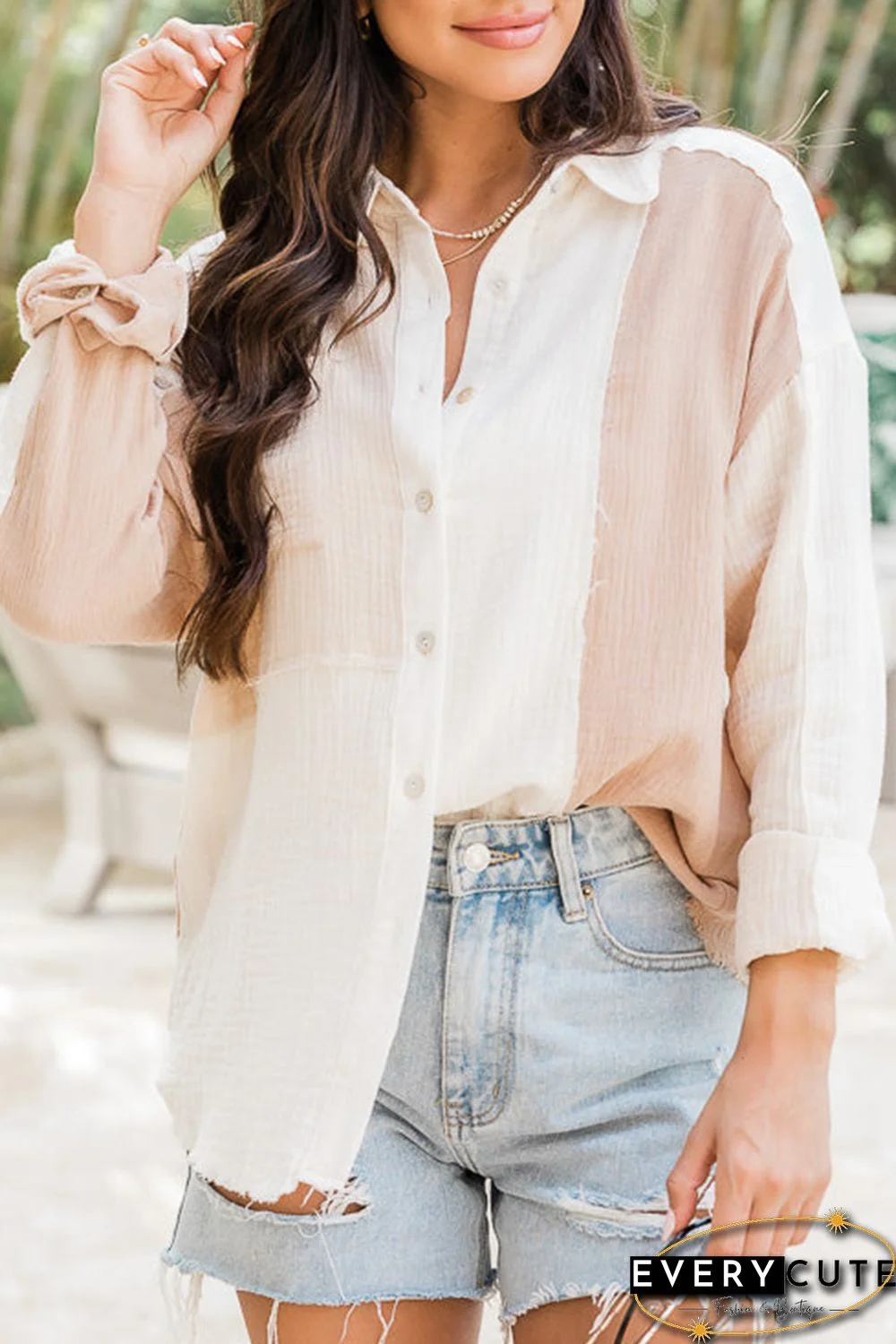 Khaki Color Block Buttoned Raw Hem Textured Shirt
