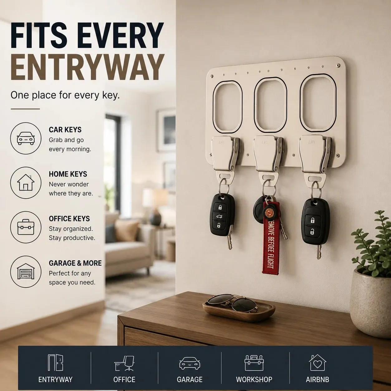Aviation key organizer in entryway and office