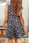 Women's Blue Retro Design Floral Print Bow Tie Pleated Loose Denim Romper