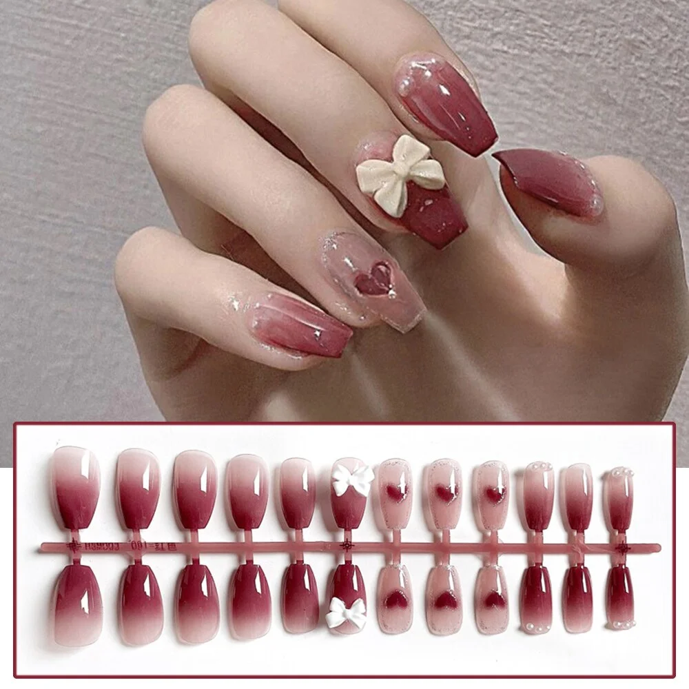 24pcs Pink Rose Design False Nail Patch Coffin Fake Nails Removable Long Paragraph Fashion Manicure Nail Art Press On Nail Tips-Nail Inspo