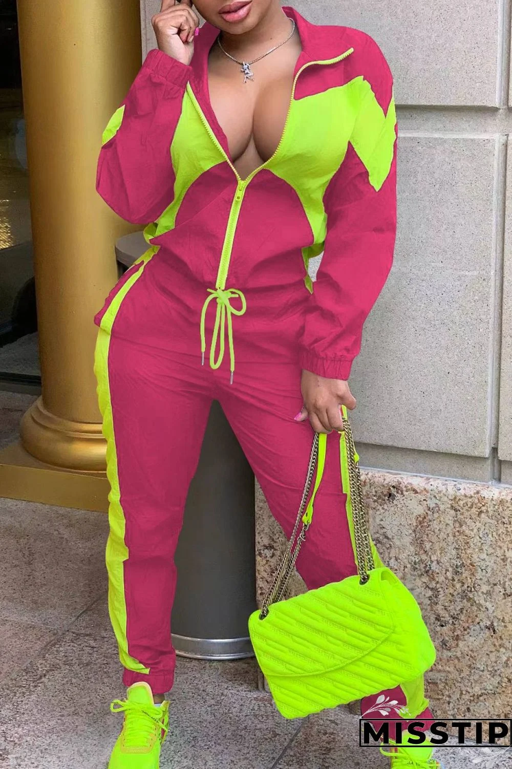 Army Green Casual Solid Patchwork Contrast Zipper Collar Long Sleeve Two Pieces