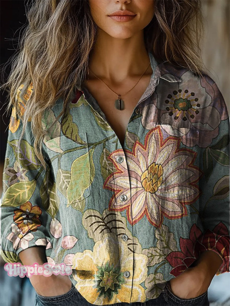 Women’s Retro Floral Print Casual Long Sleeve Comfortable Cotton Shirt Multicolor / S