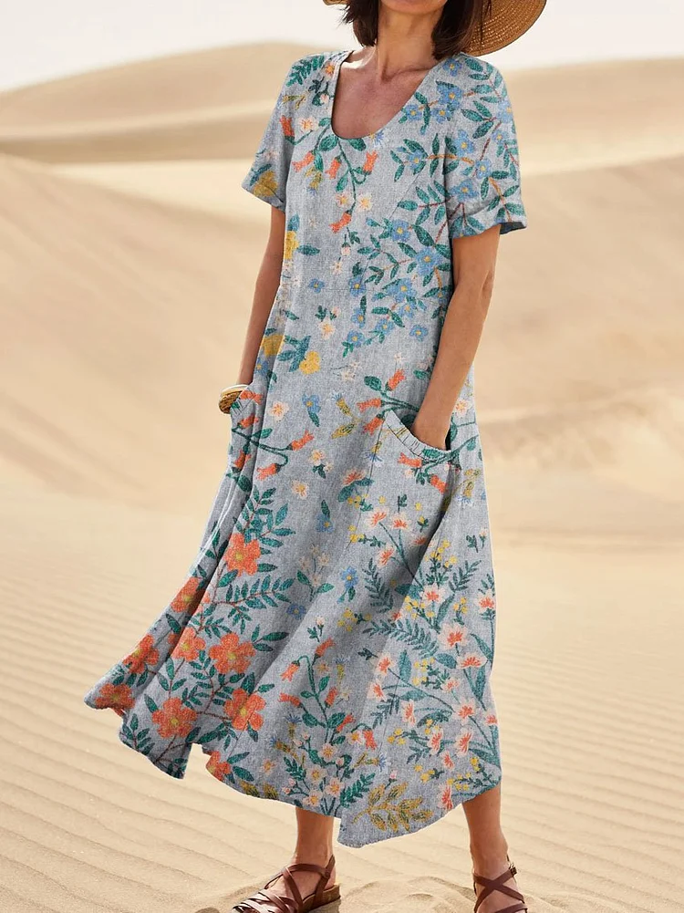 Women's Retro Floral Art Print Casual Linen Pocket Dress