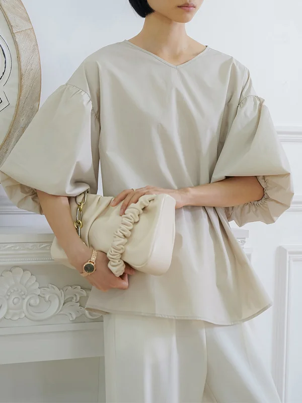 Solid Color Half Sleeves Loose V-Neck Blouses&Shirts Tops