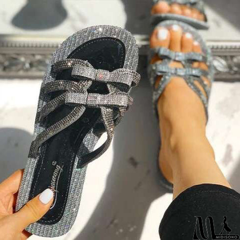 MidiSono - Bowknot Rhinestone Flats PU Slippers