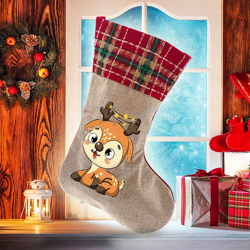 DIY Elk Christmas Socks Decor DIY Diamond Art Kits for Family Party Decoration(20*35cm)