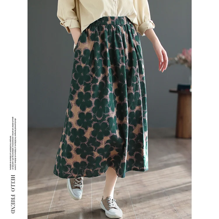 Vintage Cotton Linen Printed Elastic Waist Skirt