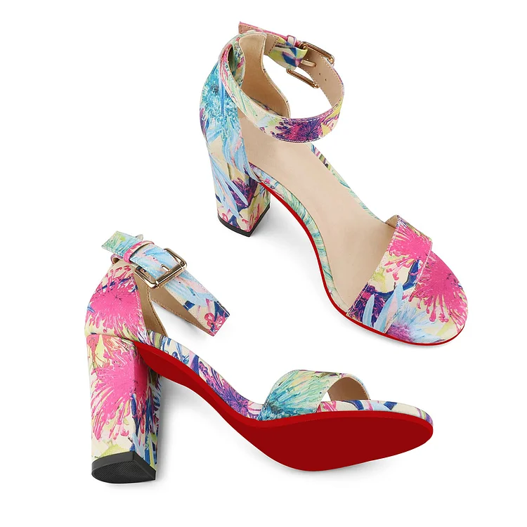 90mm Women's Red Bottoms Sandals Chunky Block High Heels Ankle Strap Heeled Sandals VOCOSI VOCOSI
