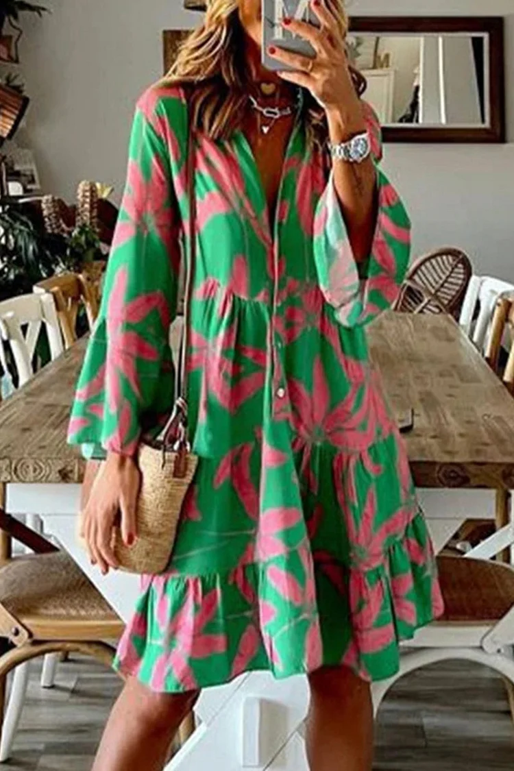 Elegant College Floral Patchwork V Neck One Step Skirt Dresses