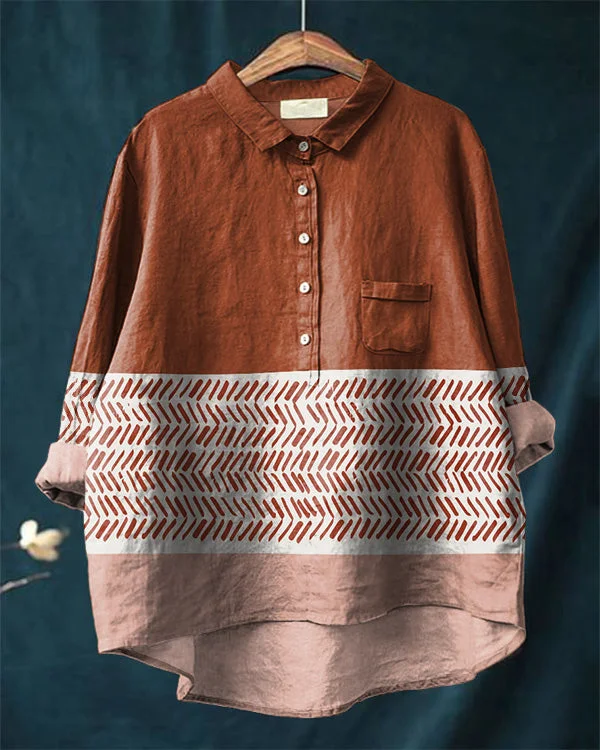 Vintage Abstract Art Print Cotton and Linen Casual Shirt