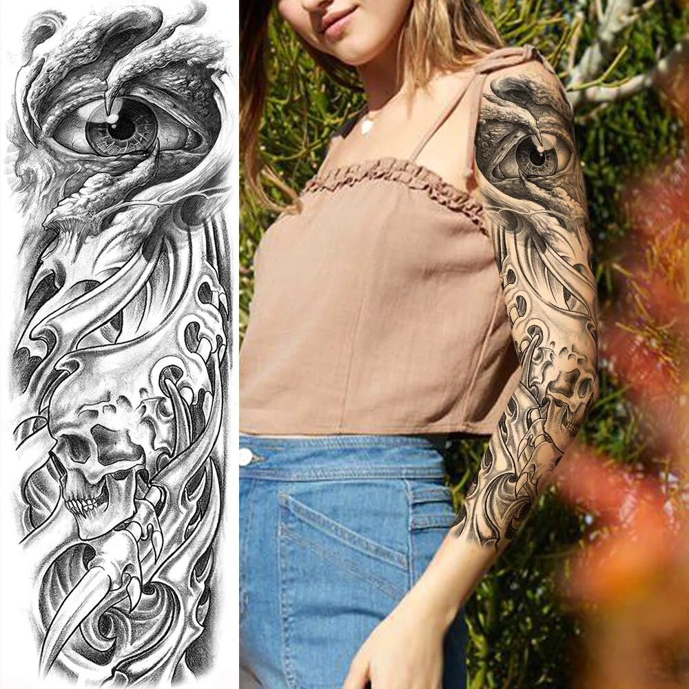 Sdrawing Totem Tattoo Arm Sleeve For Men Women Adult Realistic Fake Skeleton King Temporary Tattoo Evil Eye Demon Death Skull Tatoo