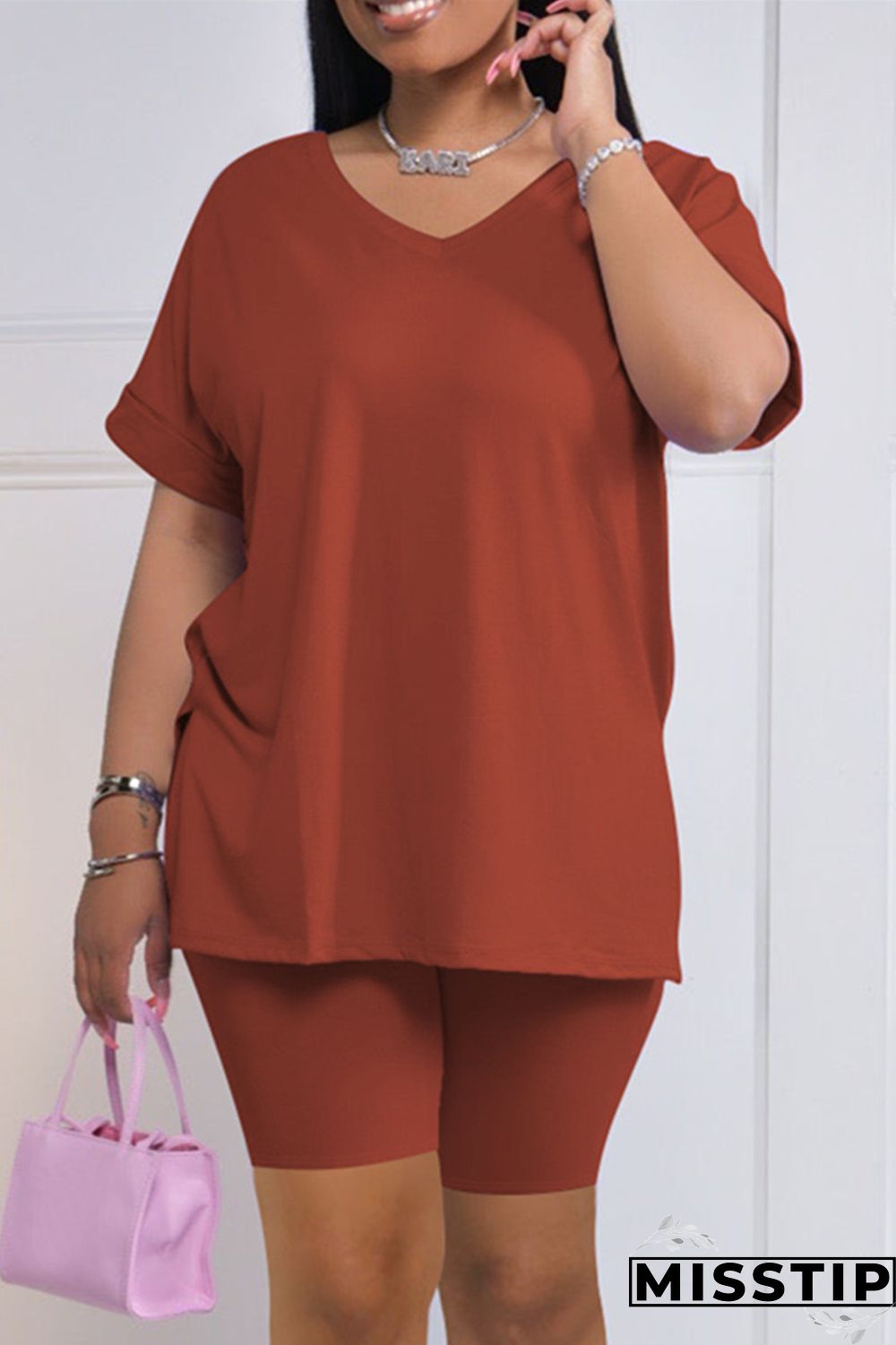 Rose Red Fashion Casual Solid Slit V Neck Short Sleeve Two Pieces