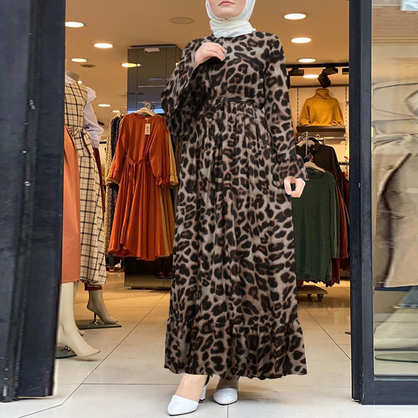 Women Muslim Dubai Islam Kaftan Flota Robe Leopar Printed Baggy Ruffle Hem Elegant Maxi Dress