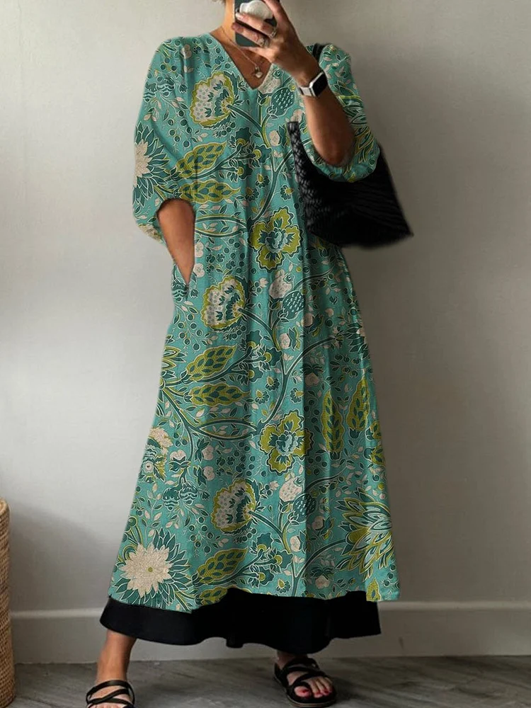 Women's  Boho Retro Print Pocket V-neck Cotton Dress