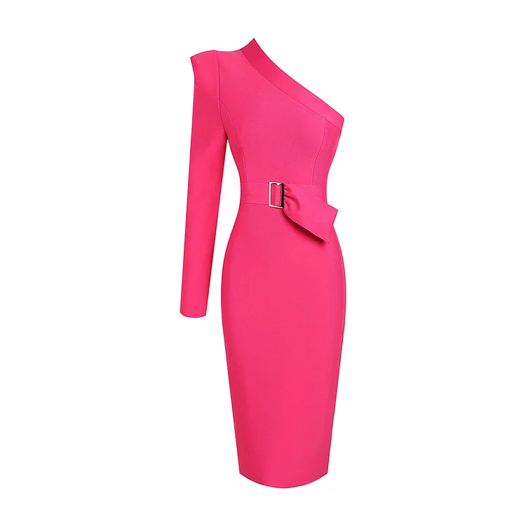 Flaxmaker Hot Pink One Shoulder Long Sleeve Wrap Midi Dress
