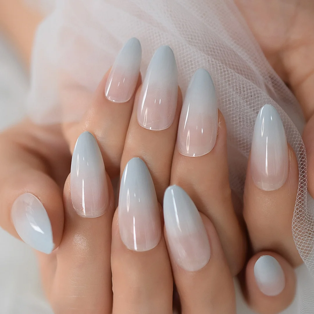 Medium Almond Fadeing Layered Gray&White Gel Tips Decoration Nails False Hand Dummy Stick On Nails Full Cover Nails Charming 24P-Nail Inspo