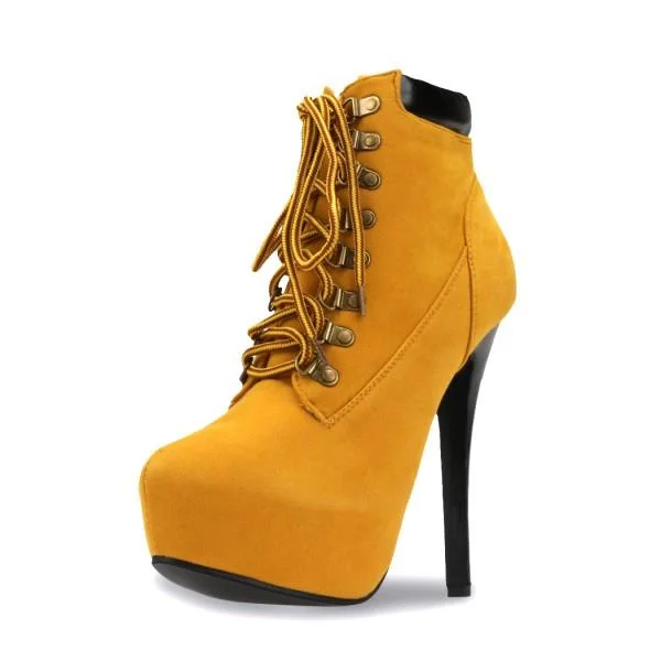 Mustard Lace up Boots Stiletto Heel Platform Vintage Suede Shoes