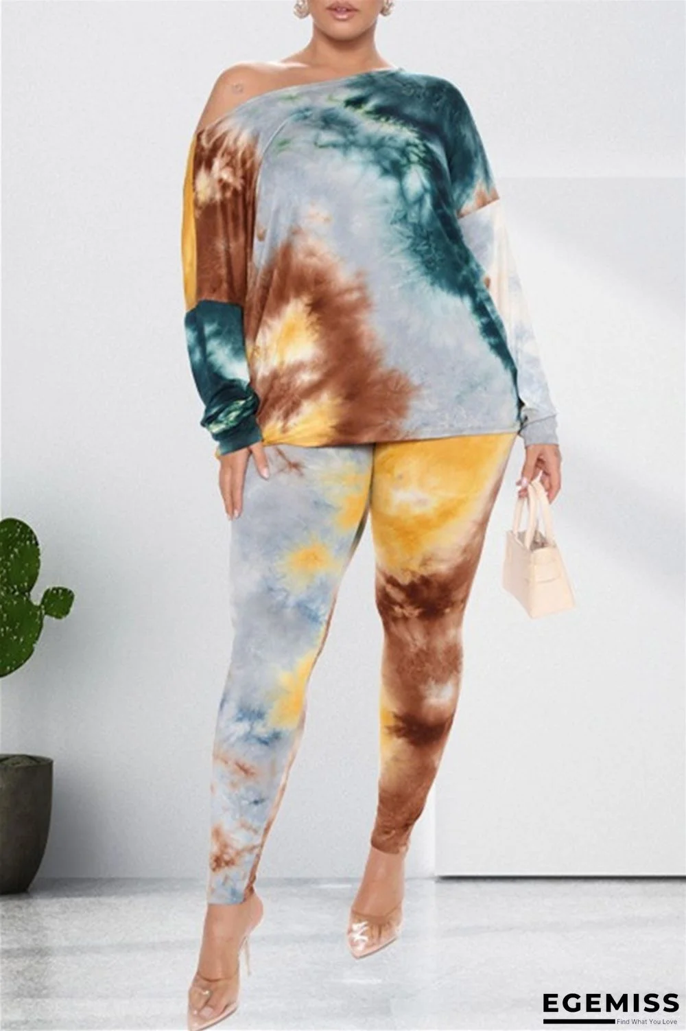 Gray Blue Fashion Casual Print Tie Dye Backless O Neck Long Sleeve Two Pieces | EGEMISS