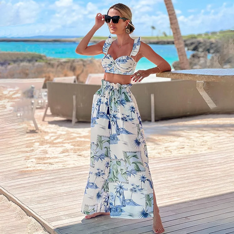 Sling Ruffle Printed  High Waist Bikini Swimsuit and Skirt