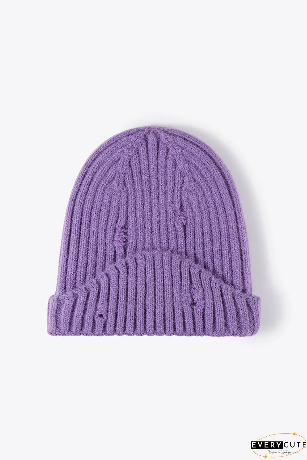 Distressed Rib-Knit Beanie