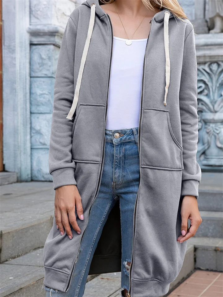 Women's Fall and Winter Sweater Large Size Loose Hooded Medium-length Jacket Plus Size Solid Color Jacket-JRSEE