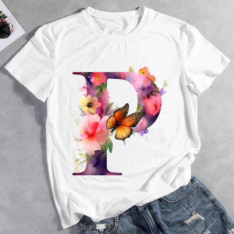 Butterfly Alphabet P Round Neck T-shirt-Annaletters