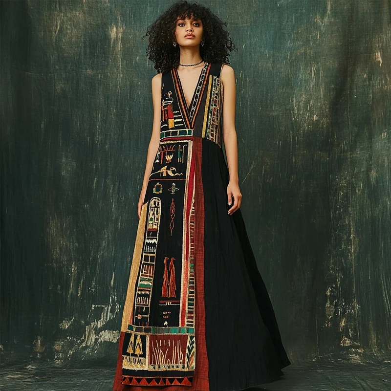 Ancient Egyptian Totem Inspired Patchwork Linen Maxi Dress