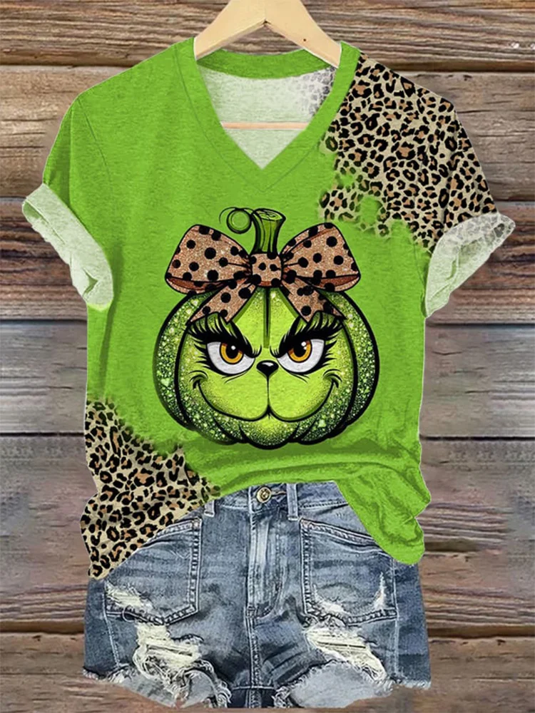 Women's Leopard Pumpkin Print V Neck T-shirt