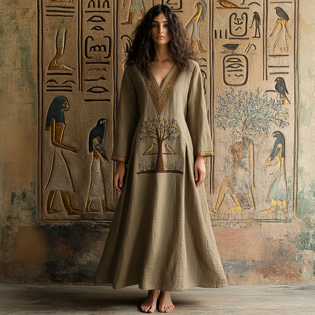 Women's Vintage Ancient Egyptian Tree Of Life Art Print Linen Dress