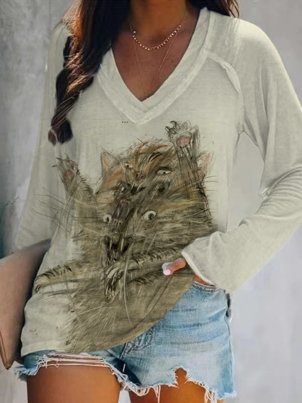 Women's Cat Painting Print V Neck Long Sleeve Loose Fit T-Shirt