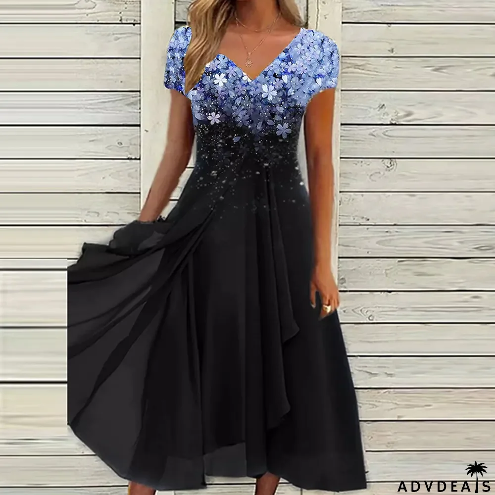 Elegant Floral Chiffon Party Fashion V-Neck Short Sleeve Dress