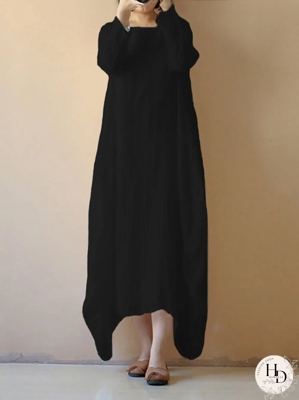 Vintage Asymmetrical Pure Color Long Sleeve Maxi Dresses