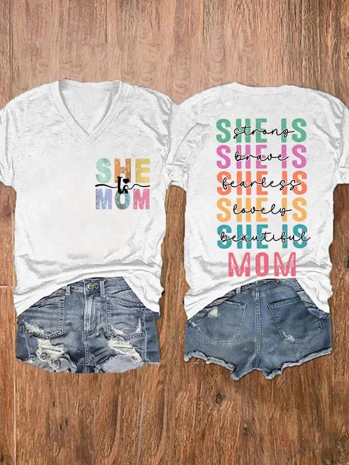 Women's Mother's Day Loved Beautiful She Is Mom printed V-neck T-shirt socialshop