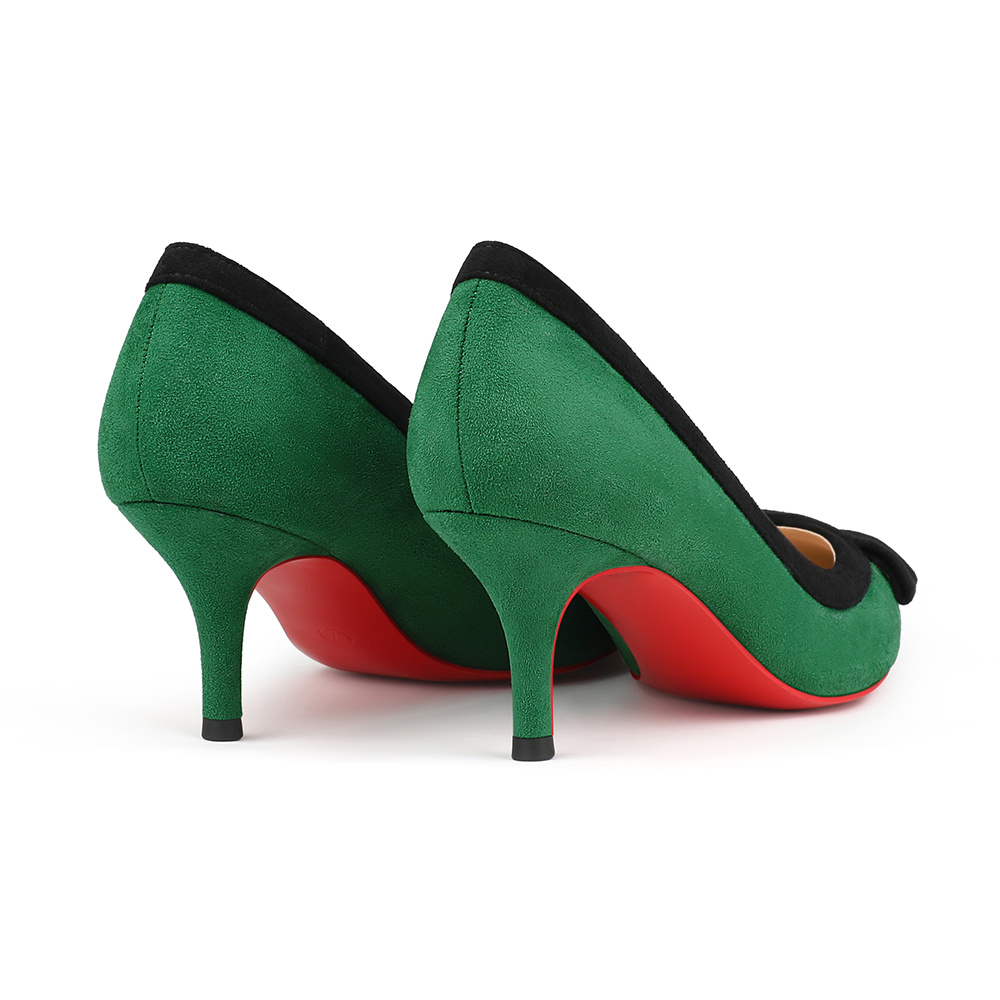 60mm Pointed Toe Bowknot Red Bottom Kitten Heels Daily Pumps for Women Suede-MERUMOTE
