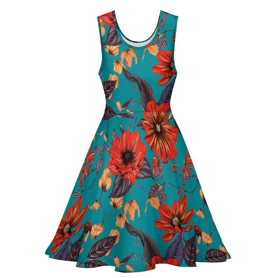 henley skater dress Rustic Red And Teal Floral Crewneck A-line Skater Dress, Sleeveless Henley  Dress
