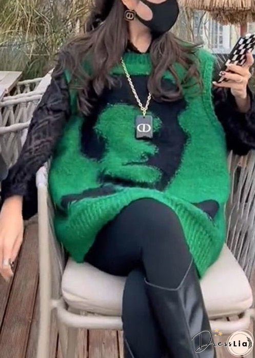 Jacquard Green O Neck Cozy Knit Waistcoat Sleeveless