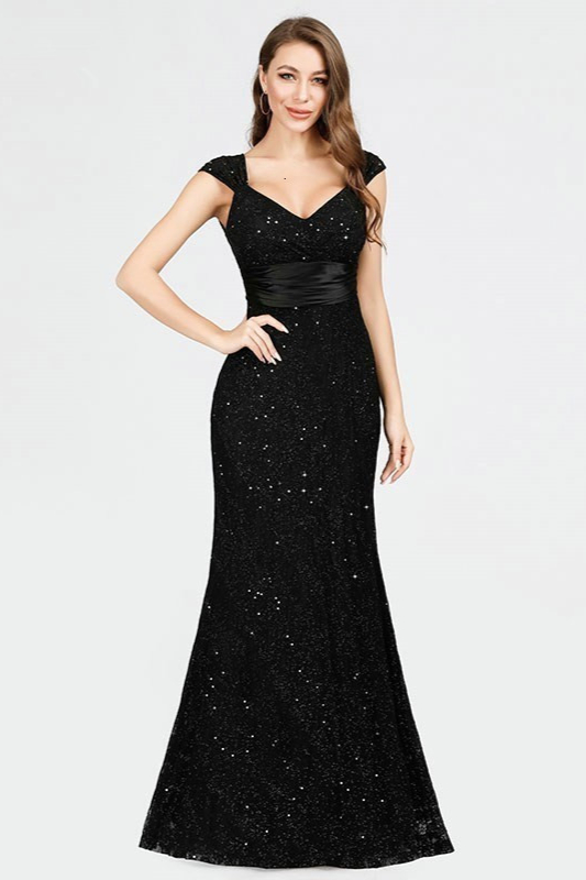 Black Cap Sleeve Mermaid Long Lace Evening Prom Dress With Beadings - lulusllly