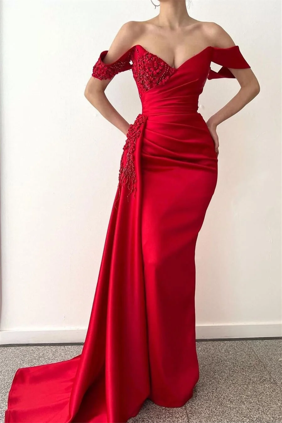 Rot Meerjungfrau Ballkleid mit Perlen V-Ausschnitt Schulterfrei Abendkleid mit Rüschen ED0334 Lunass