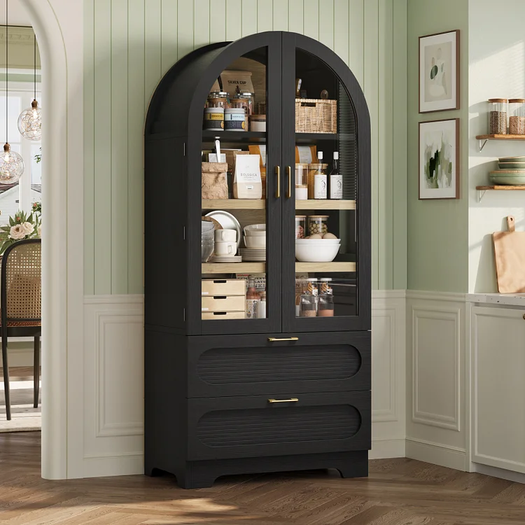 Bestier 71" Arched Pantry Storage Cabinet with Adjustable Shelves, LED Light, Glass Doors and 2 Large Drawers, Farmhouse Display Cupboard for Kitchen, Dining Room, Bathroom