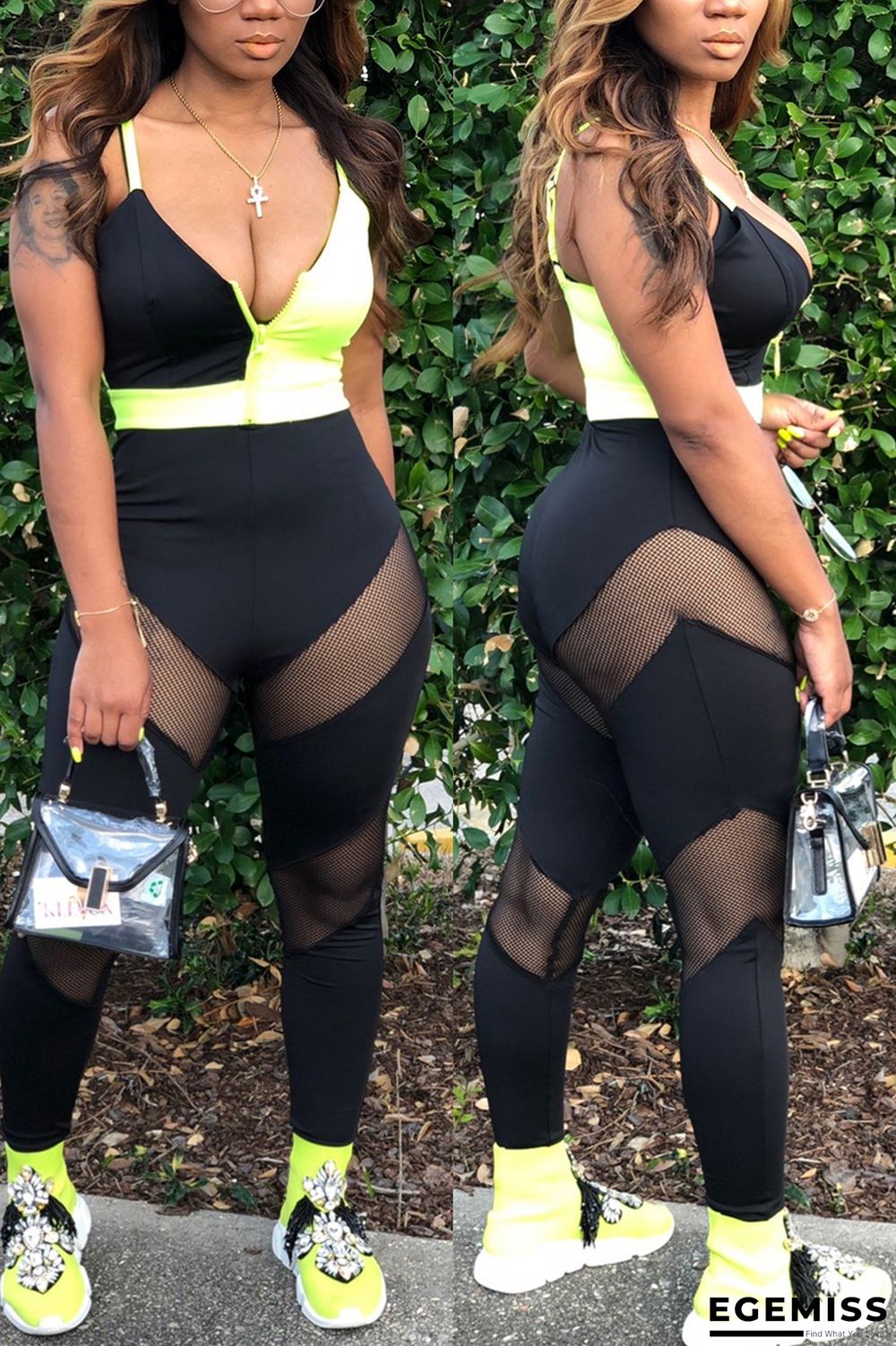 White Fashion Sexy V Neck Sleeveless Spaghetti Strap Skinny Patchwork Jumpsuits | EGEMISS