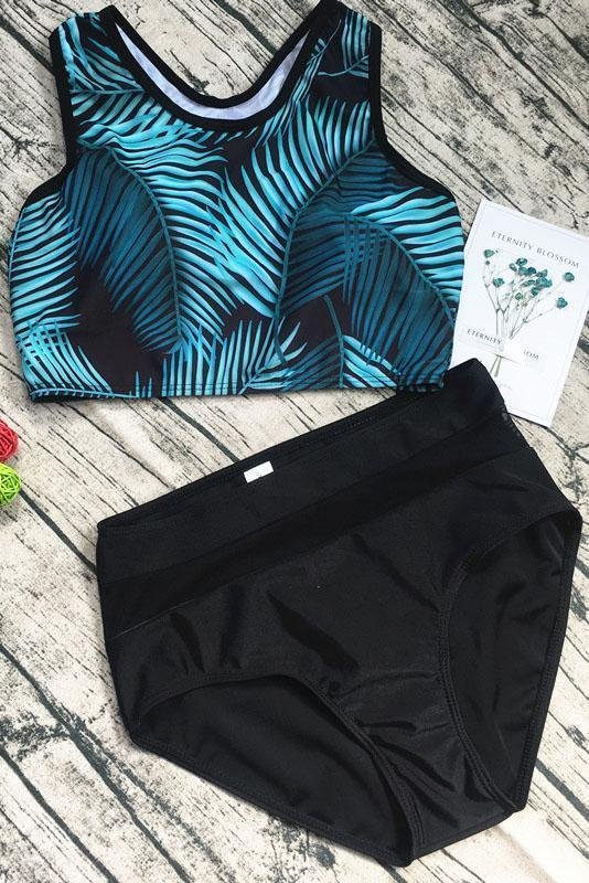 Green Black Palm Leaf Print High Waisted Sexy Crop Top Bikini Swimsuit-elleschic