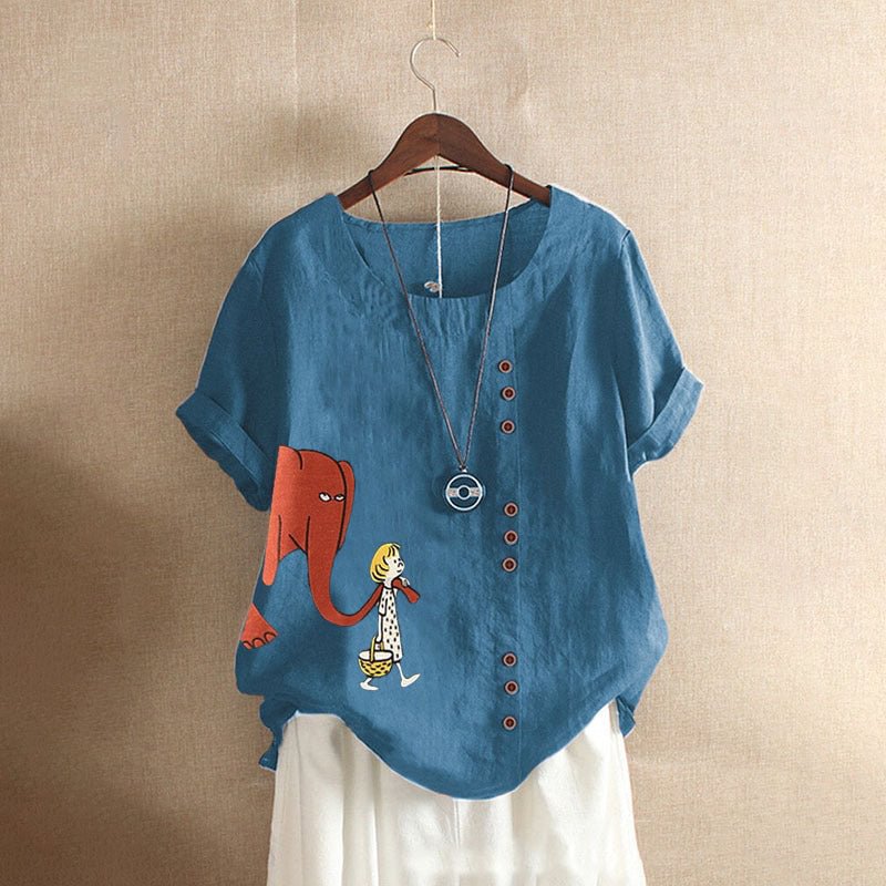 Blue Floral Cotton-Blend Short Sleeve Shirts & Tops Linen | IFYHOME
