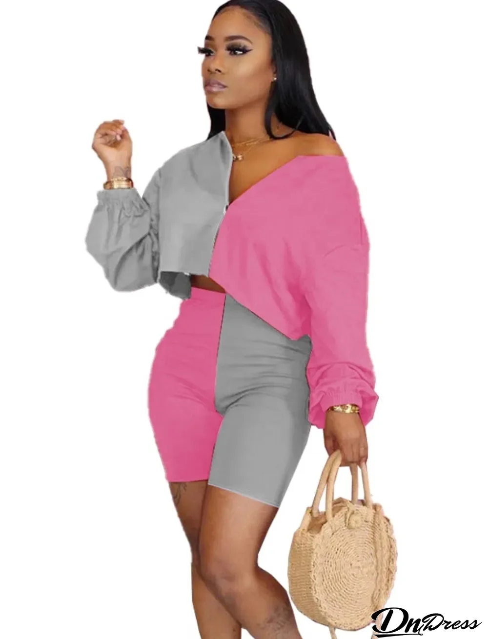 Summer Casual Contrast Two Piece Biker Shorts Set