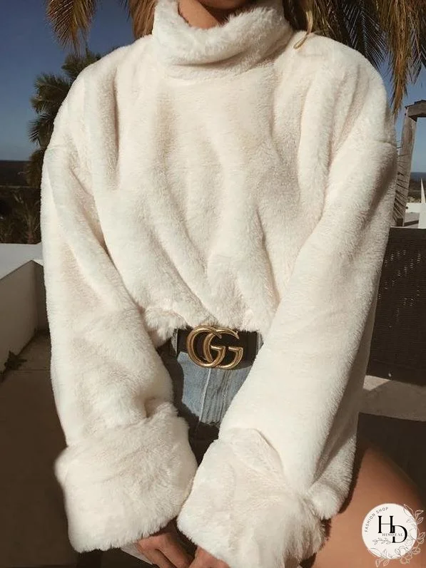 Casual Long Sleeve Turtleneck White Soft Plush Pullover Tops