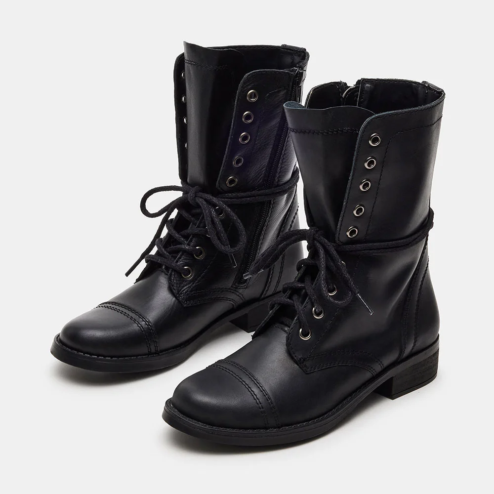 Black Vegan Leather Round Toe Flat Lace Up Ankle Boots for Women