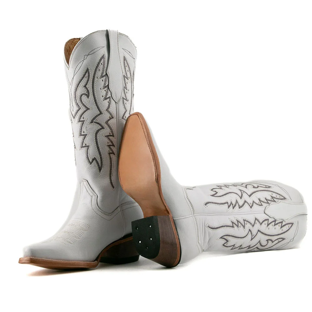 White Snip Toe Chunky Heel Embroidered Studded Mid-Calf Cowgirl Boots
