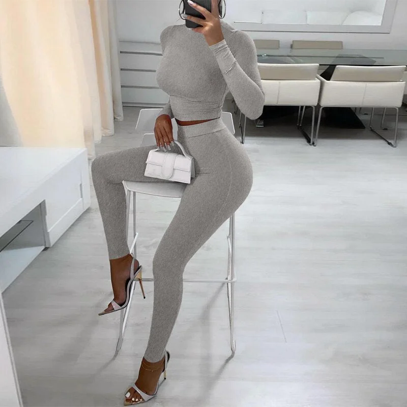 Hugcitar Satin Turtle Neck Crop Top High Waist Slim Leggings 2 Pcs Matching Sets 2021 Fall Women Fashion Streetwear Tracksuit